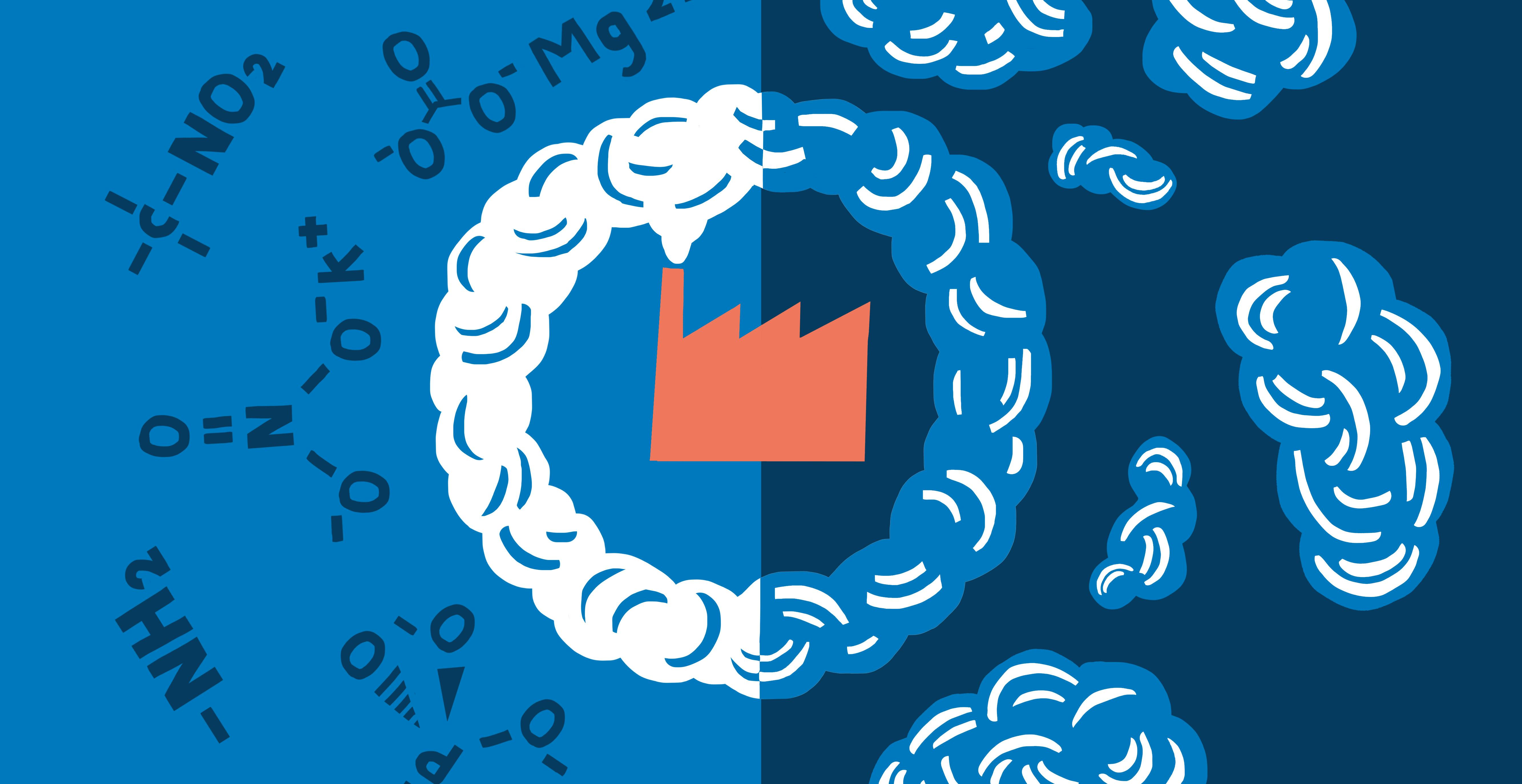 Een illustratie van een fabriek met een blauwe achtergrond.