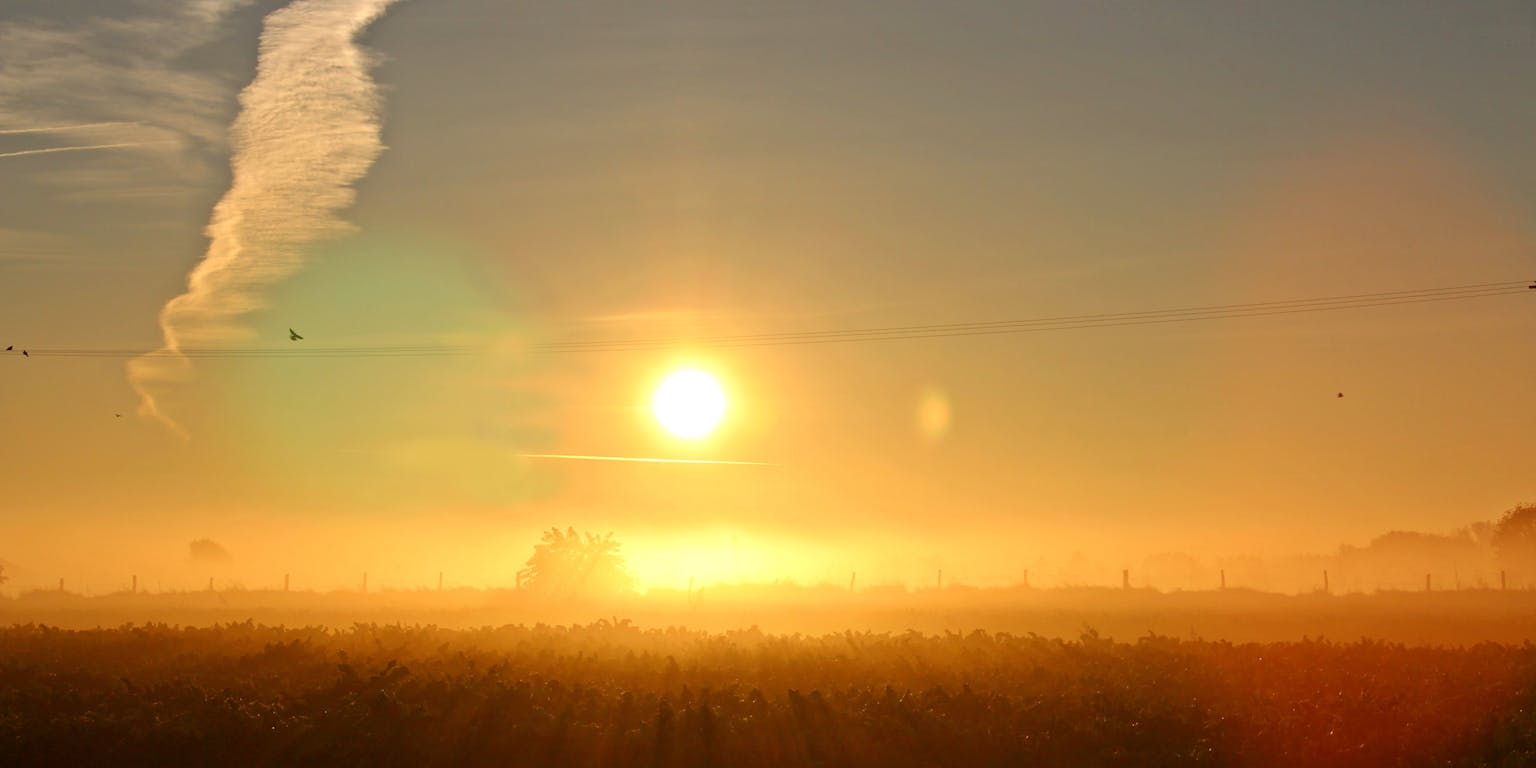 De zon komt op boven een veld met een wolk aan de hemel.