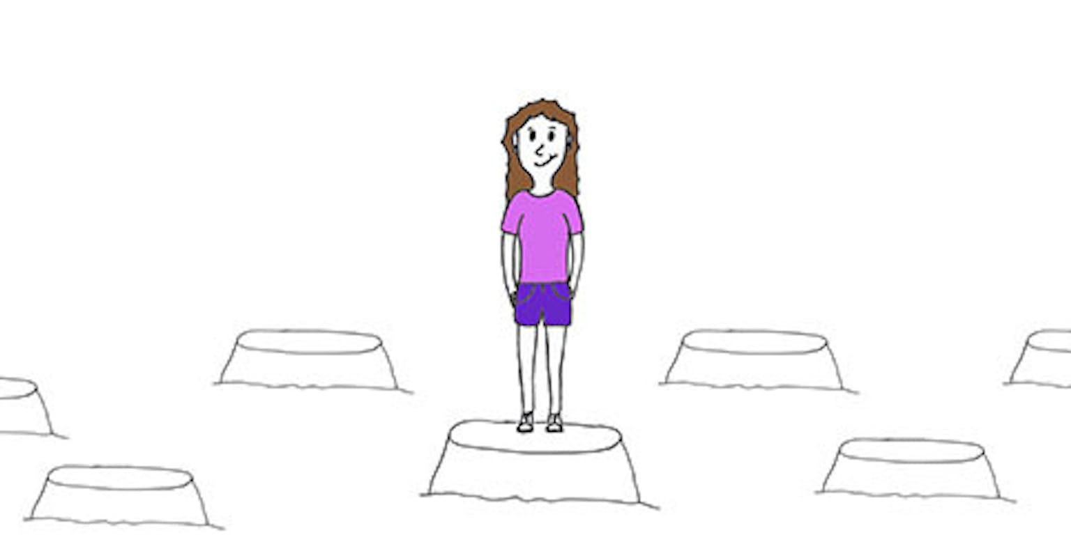 Een cartoon van een vrouw die op een podium staat.