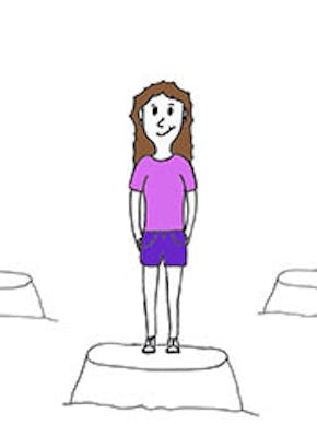 Een cartoon van een vrouw die op een podium staat.