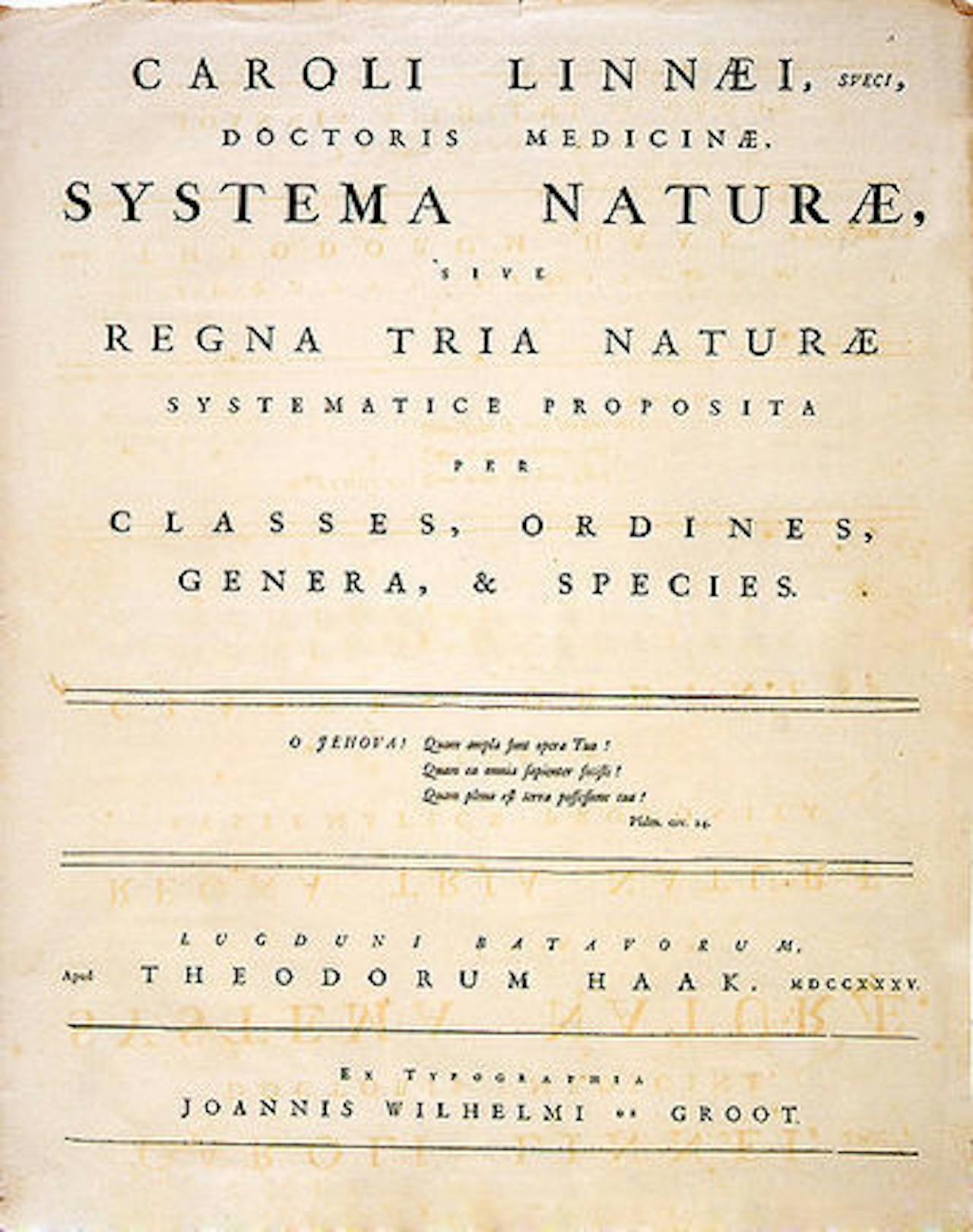 Vergeeld titelblad van Systema naturae.