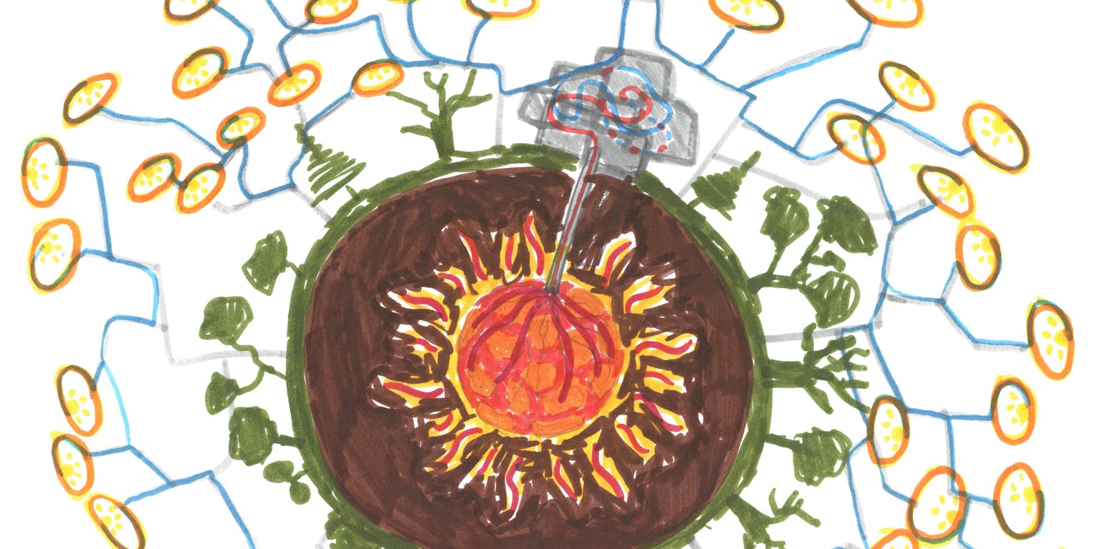 Een tekening van een bezoeker van de tentoonstelling 'Energy Junkies'. Zonnepanelen vormen een schild rond de aarde.