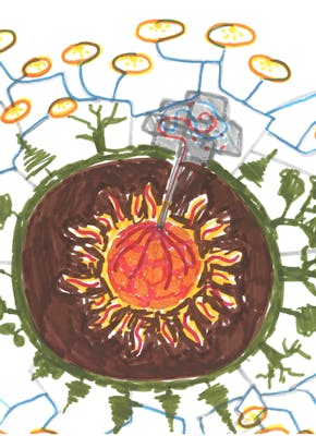 Een tekening van een bezoeker van de tentoonstelling 'Energy Junkies'. Zonnepanelen vormen een schild rond de aarde.