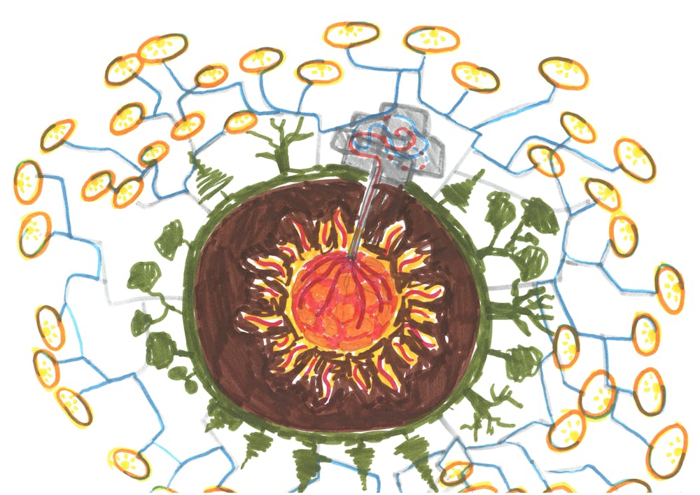 <p>Technologie gaat ons redden</p> Een tekening van een bezoeker van de tentoonstelling 'Energy Junkies'. Zonnepanelen vormen een schild rond de aarde.