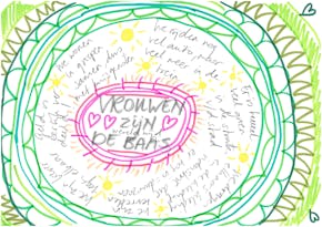 Een tekening van een bezoeker van de tentoonstelling 'Energy Junkies'. In een roze cirkel in het midden staat de tekst 'Vrouwen zijn de baas'. Daaromheen staan allerlei idealen die volgens de maker uitkomen als vrouwen de baas worden.