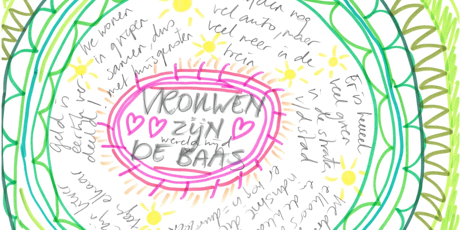 Een tekening van een bezoeker van de tentoonstelling 'Energy Junkies'. In een roze cirkel in het midden staat de tekst 'Vrouwen zijn de baas'. Daaromheen staan allerlei idealen die volgens de maker uitkomen als vrouwen de baas worden.