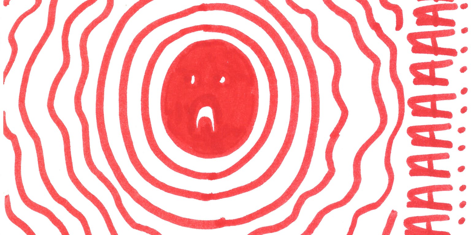 Een tekening van een bezoeker van de tentoonstelling 'Energy Junkies'. Het is een rood gezichtje dat een wanhoopskreet uitslaat.