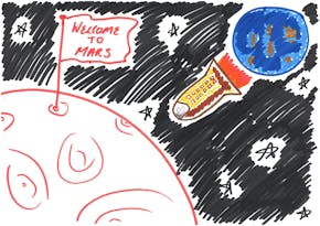 Een tekening van een bezoeker van de tentoonstelling 'Energy Junkies'. Er is een raket op te zien die vanaf de aarde naar Mars vliegt, de planeet waar we met z'n allen naartoe verhuizen.