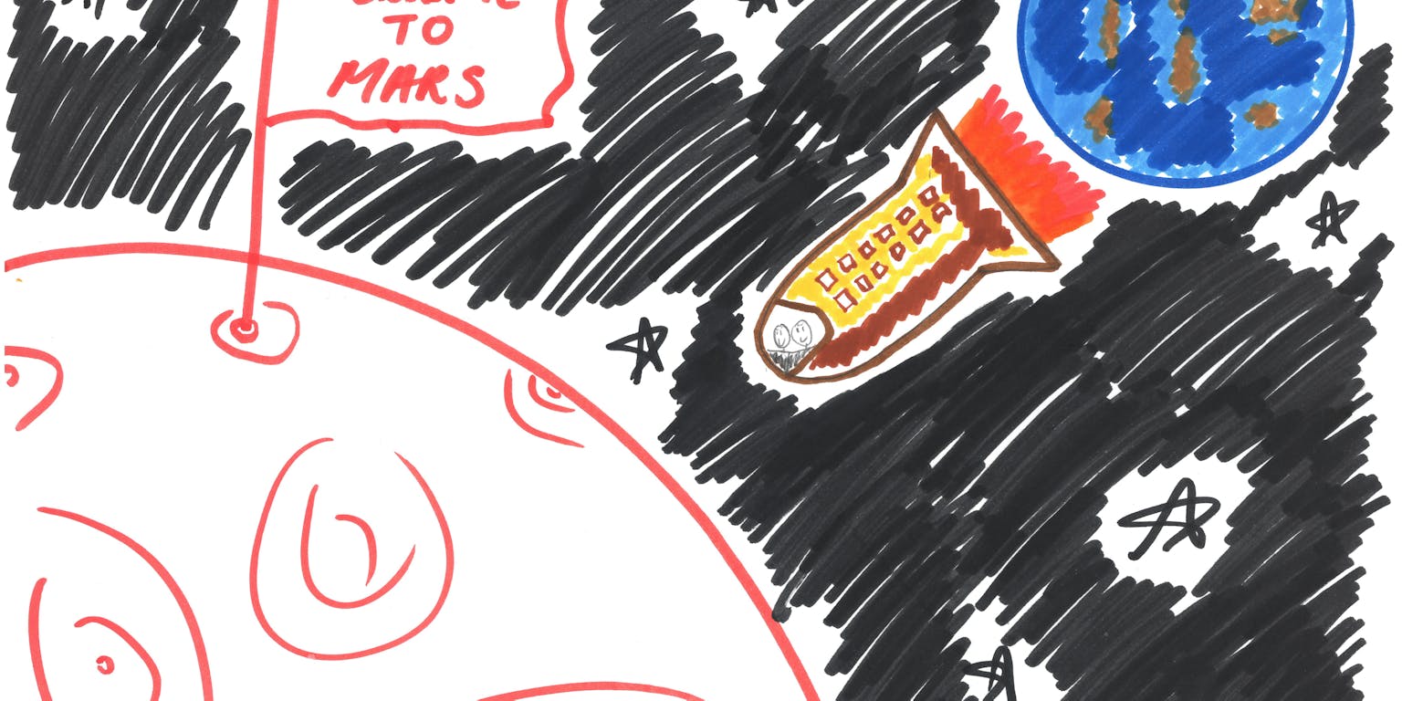 Een tekening van een bezoeker van de tentoonstelling 'Energy Junkies'. Er is een raket op te zien die vanaf de aarde naar Mars vliegt, de planeet waar we met z'n allen naartoe verhuizen.