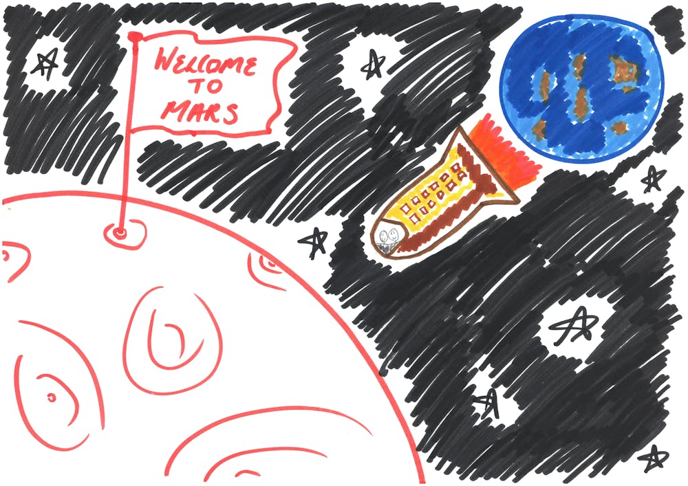 Een tekening van een bezoeker van de tentoonstelling 'Energy Junkies'. Er is een raket op te zien die vanaf de aarde naar Mars vliegt, de planeet waar we met z'n allen naartoe verhuizen.