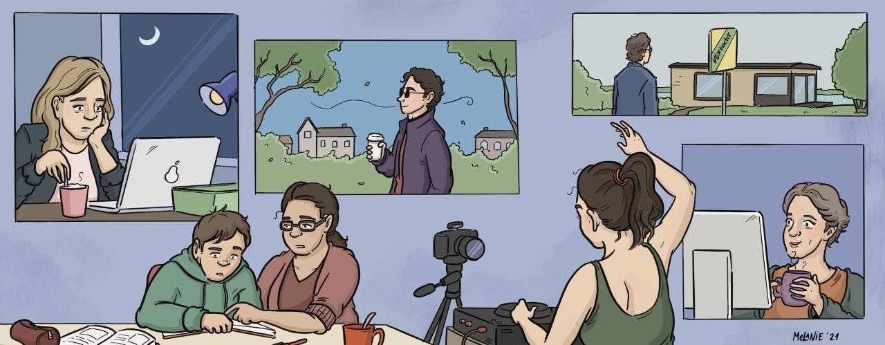 Een cartoon van een ouder met een kind aan tafel in gesprek. het gesprek wordt opgenomen door een derde persoon achter de camera. Aan de muur hangen schilderijen.