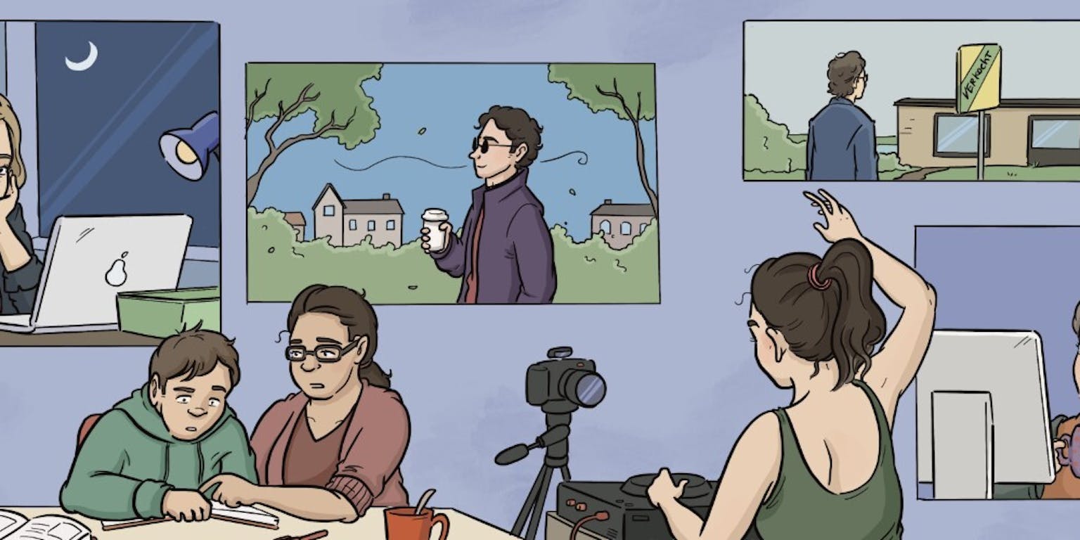 Een cartoon van een ouder met een kind aan tafel in gesprek. het gesprek wordt opgenomen door een derde persoon achter de camera. Aan de muur hangen schilderijen.