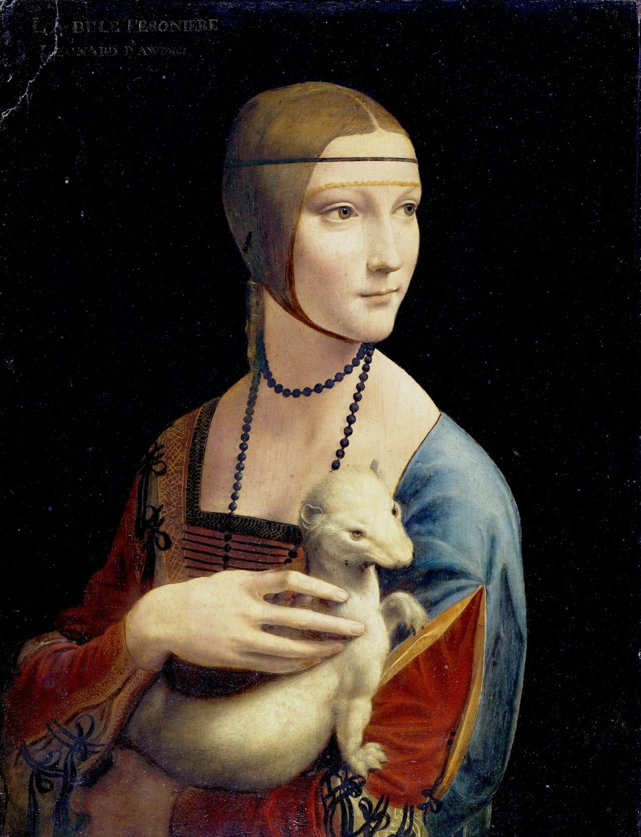 Een schilderij van een vrouw die een Hermelijn vasthoudt.