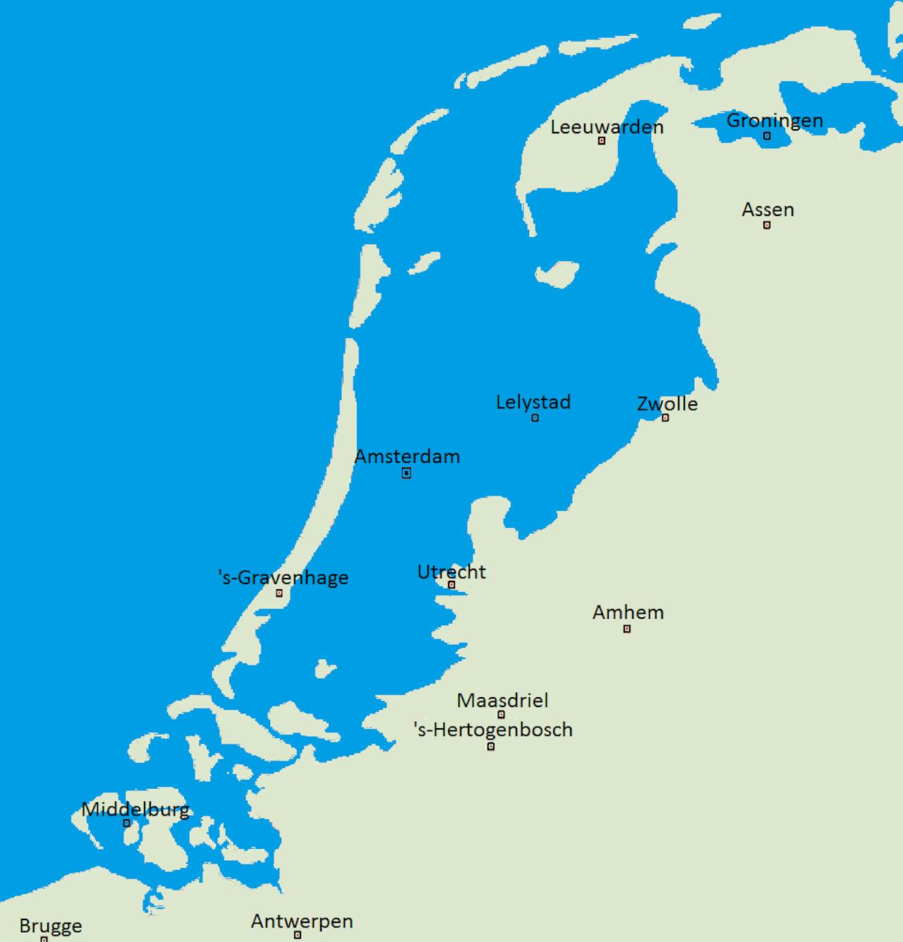 Een kaart van Nederland met de grote steden.