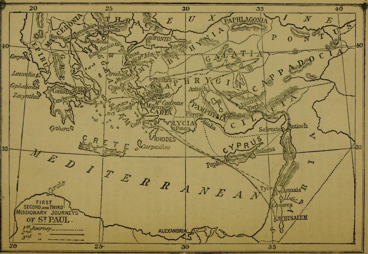 Een oude kaart van het Middelandse Zee gebied met de reizen van St. Paulus erop.