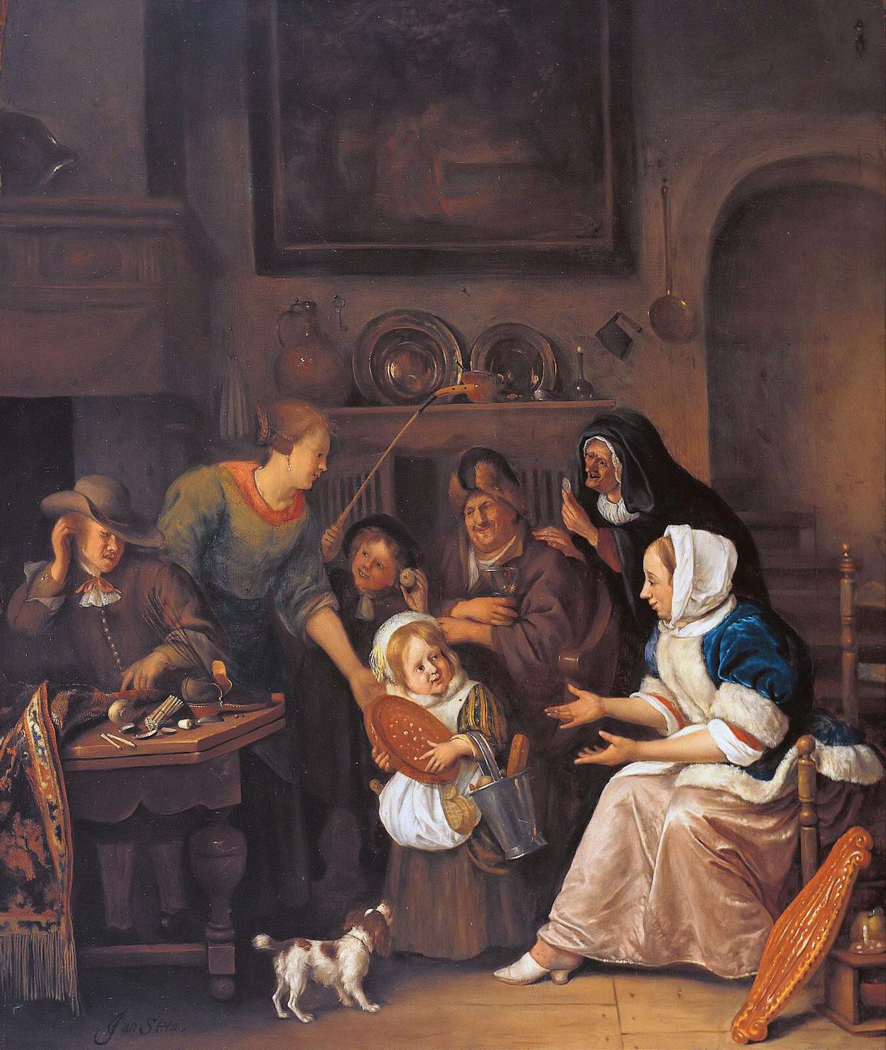 Een schilderij van Jan Steen. Een weergave van het Sint Nicolaasfeest is te zien in de beschildering.