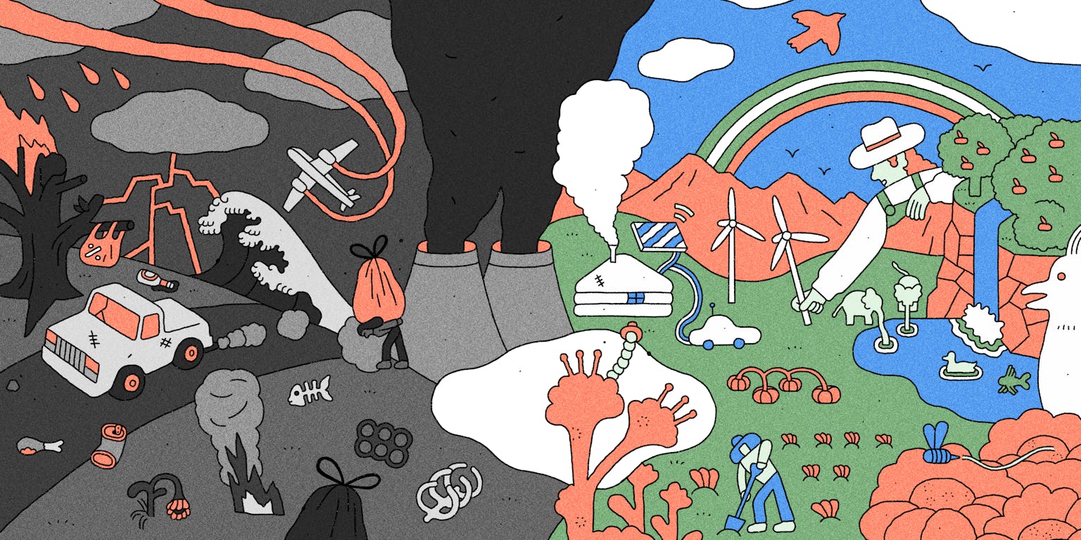 Een cartoonillustratie van het effect van milieuvervuiling