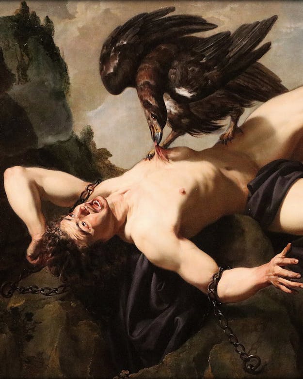Ook Prometheus betaalt een hoge prijs voor zijn hoogmoed: hij wordt voor straf vastgeketend aan een rots waar dagelijks een adelaar zijn lever uitpikt. Elke nacht groeit die lever weer aan, waardoor zijn marteling weer opnieuw begint. Schilderij van Theodoor Rombouts die Prometheus toont, vastgeketend aan een rots terwijl een adelaar zijn lever opeet