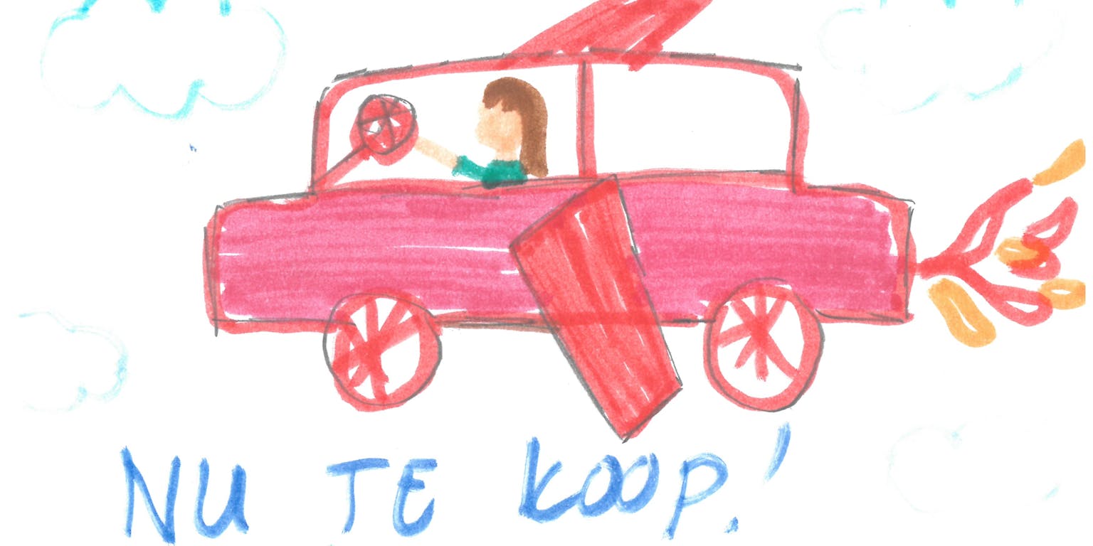 Een tekening van een roze auto met vleugels met de tekst 'te koop: vliegende auto's'.