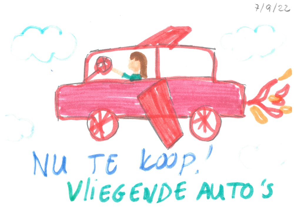 Een tekening van een roze auto met vleugels met de tekst 'te koop: vliegende auto's'.