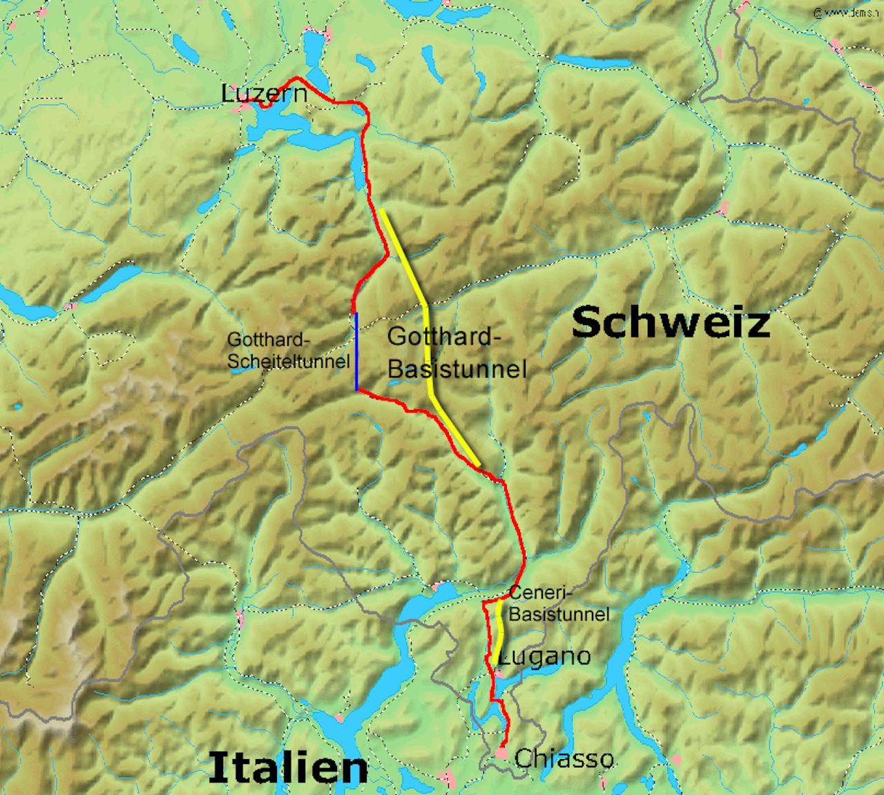 Het tracé van de Gotthard-basistunnel.