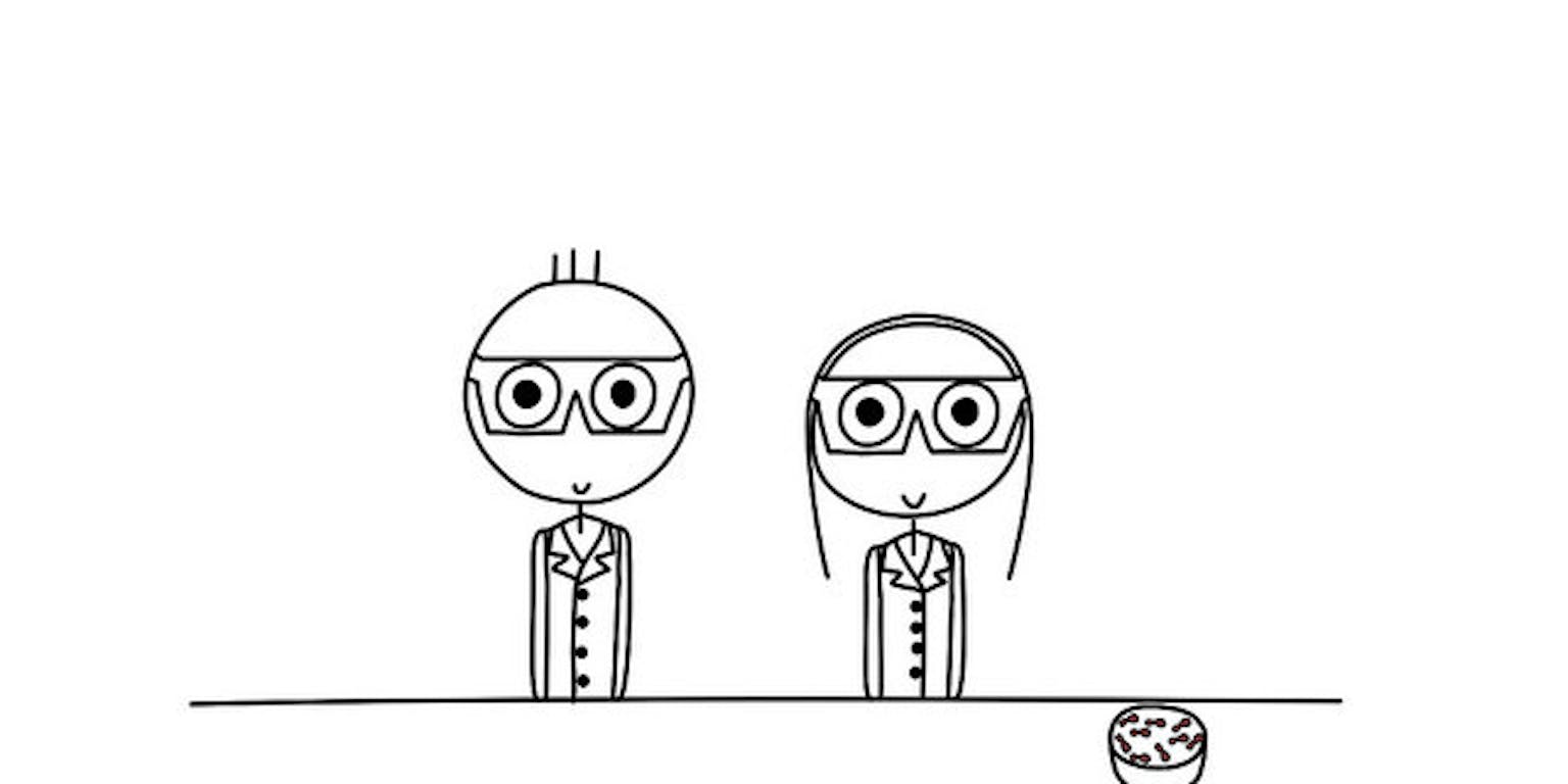 Een tekening van een man en een vrouw die aan een tafel zitten.