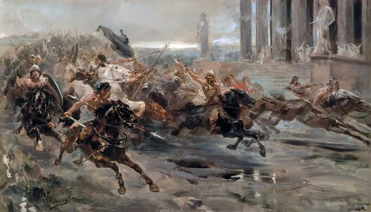 Het schilderij 'la invasión de los barbarós' door de Spaanse schilder Ulpiano Checa. Op het impressionistische schilderij zijn Hunnen op paarden te zien die Rome bestormen.