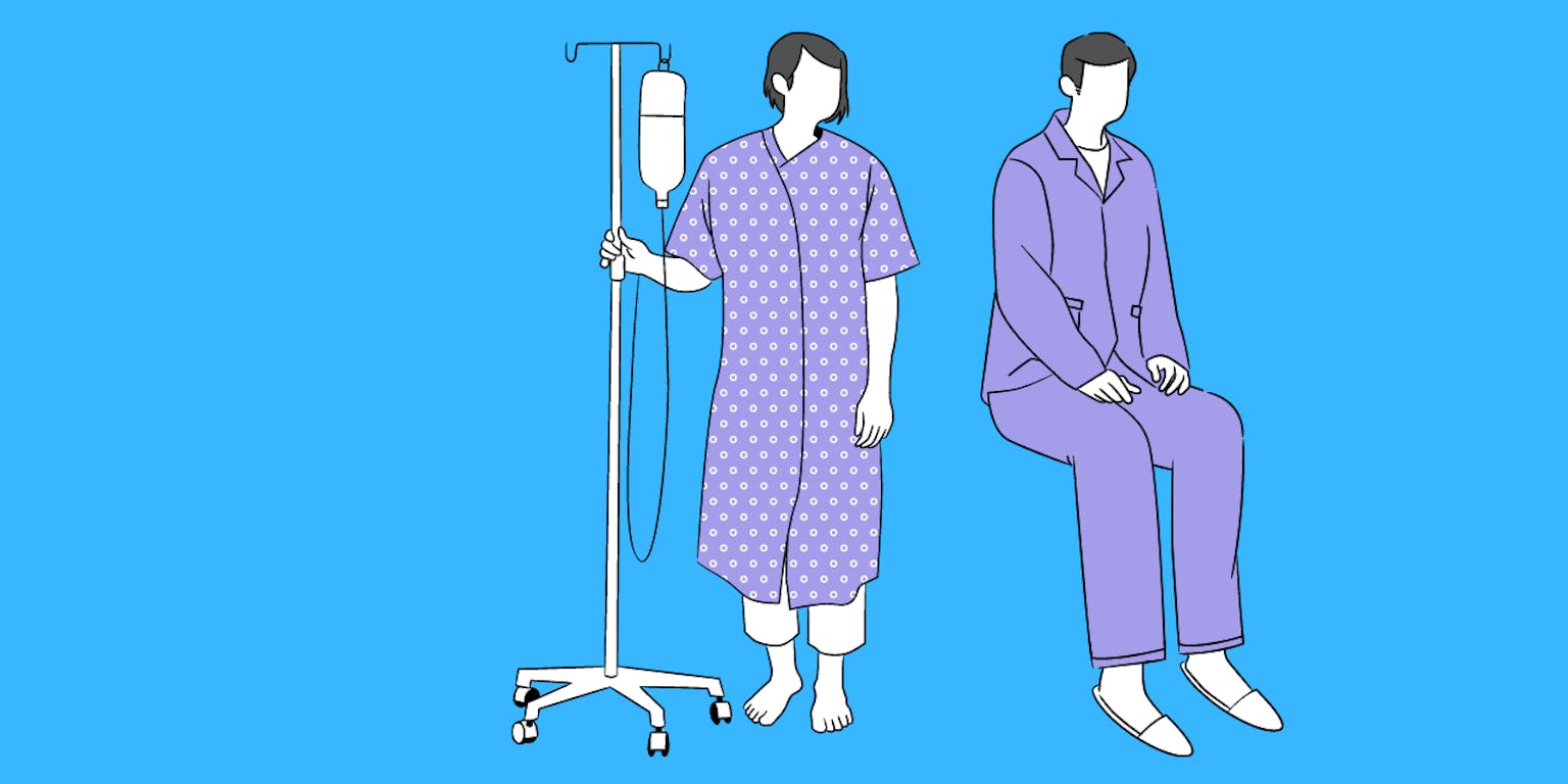 Een illustratie van twee patiënten. Een patiënt loopt met een paal waar een infuuszakje aanhangt.