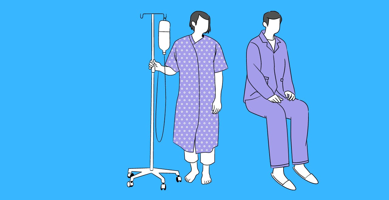 Een illustratie van twee patiënten. Een patiënt loopt met een paal waar een infuuszakje aanhangt.