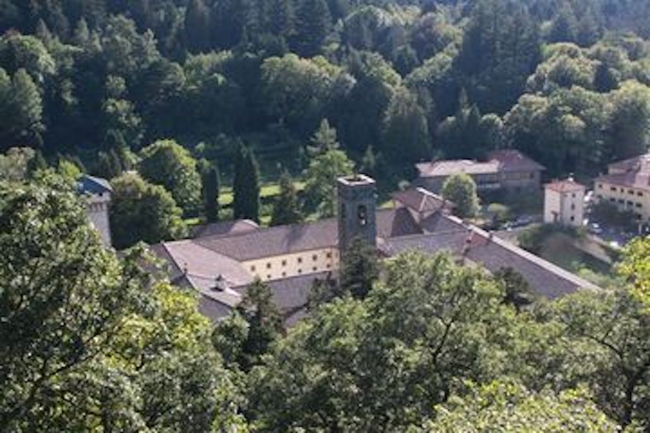 Luchtfoto van een klooster in een groene omgeving met veel bomen.