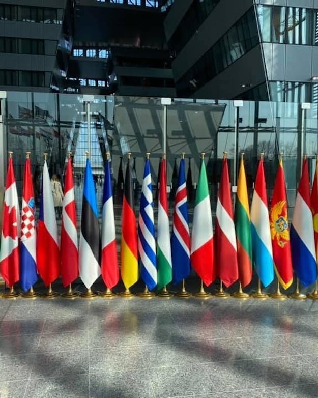 Vlaggen van NAVO-lidstaten op een rij in het hoofdkwartier in Brussel. Vlaggen van NAVO-lidstaten op een rij in het hoofdkwartier in Brussel.