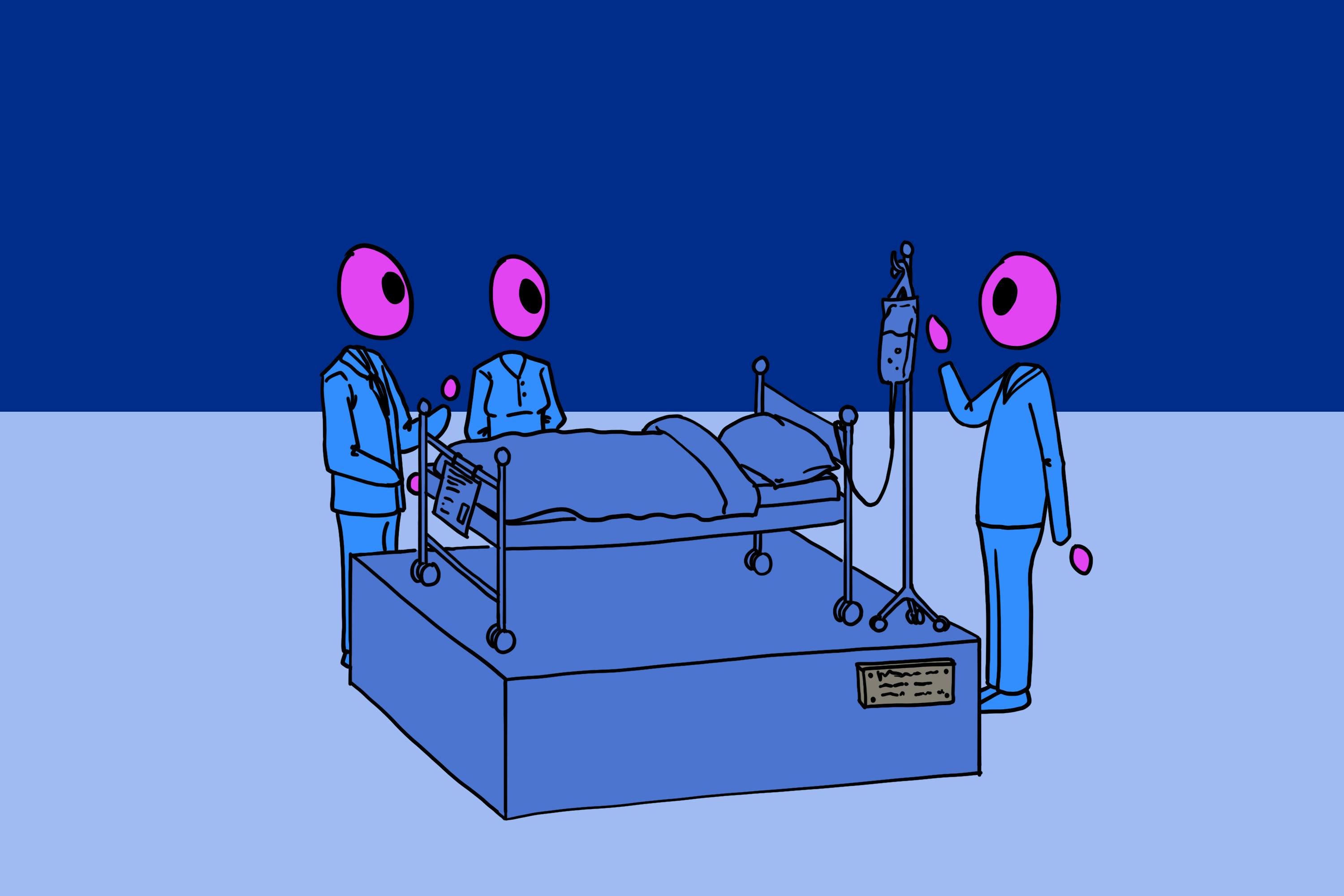 Mensen bij ziekenhuisbed in donker