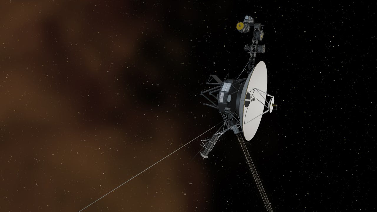 Een artistieke weergave van het Voyager in de ruimte.