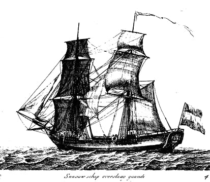 Een zwart-wit tekening van zeilschip Vrouw Maria uit de achttiende eeuw.