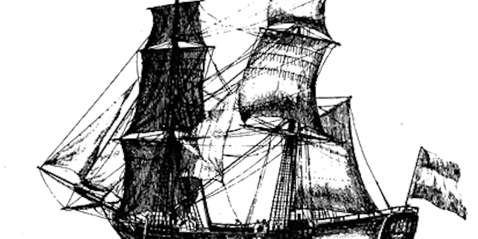 Een zwart-wit tekening van zeilschip Vrouw Maria uit de achttiende eeuw.