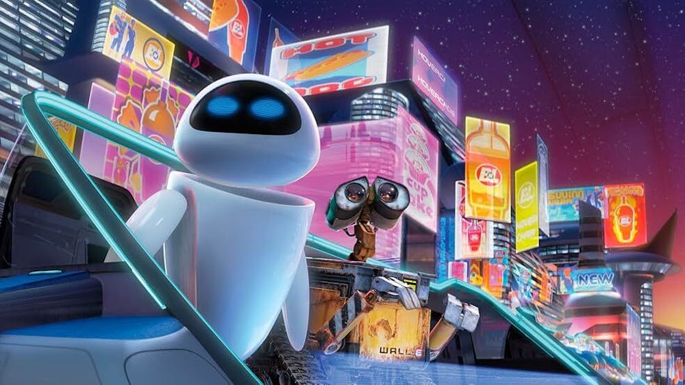 Een scene uit de film WALL-E, met de twee robots WALL-E en EVE