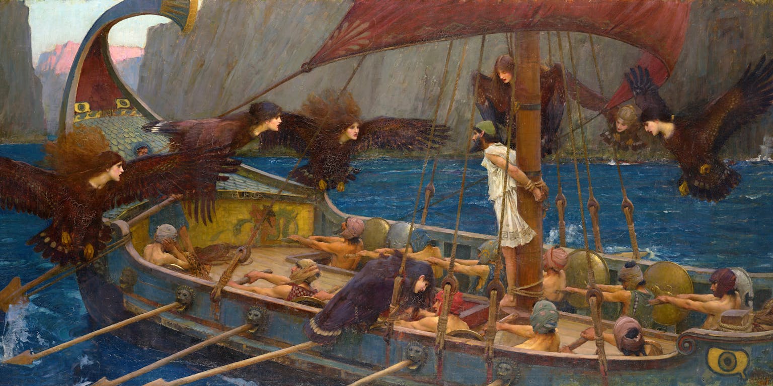 Het schilderij 'Odysseus en de sirenen' door de Britse schilder John WIlliam Waterhouse. Het schilderij laat Odysseus zien die is vastgebonden aan de mast van zijn schip, terwijl de sirenen het schip belagen.