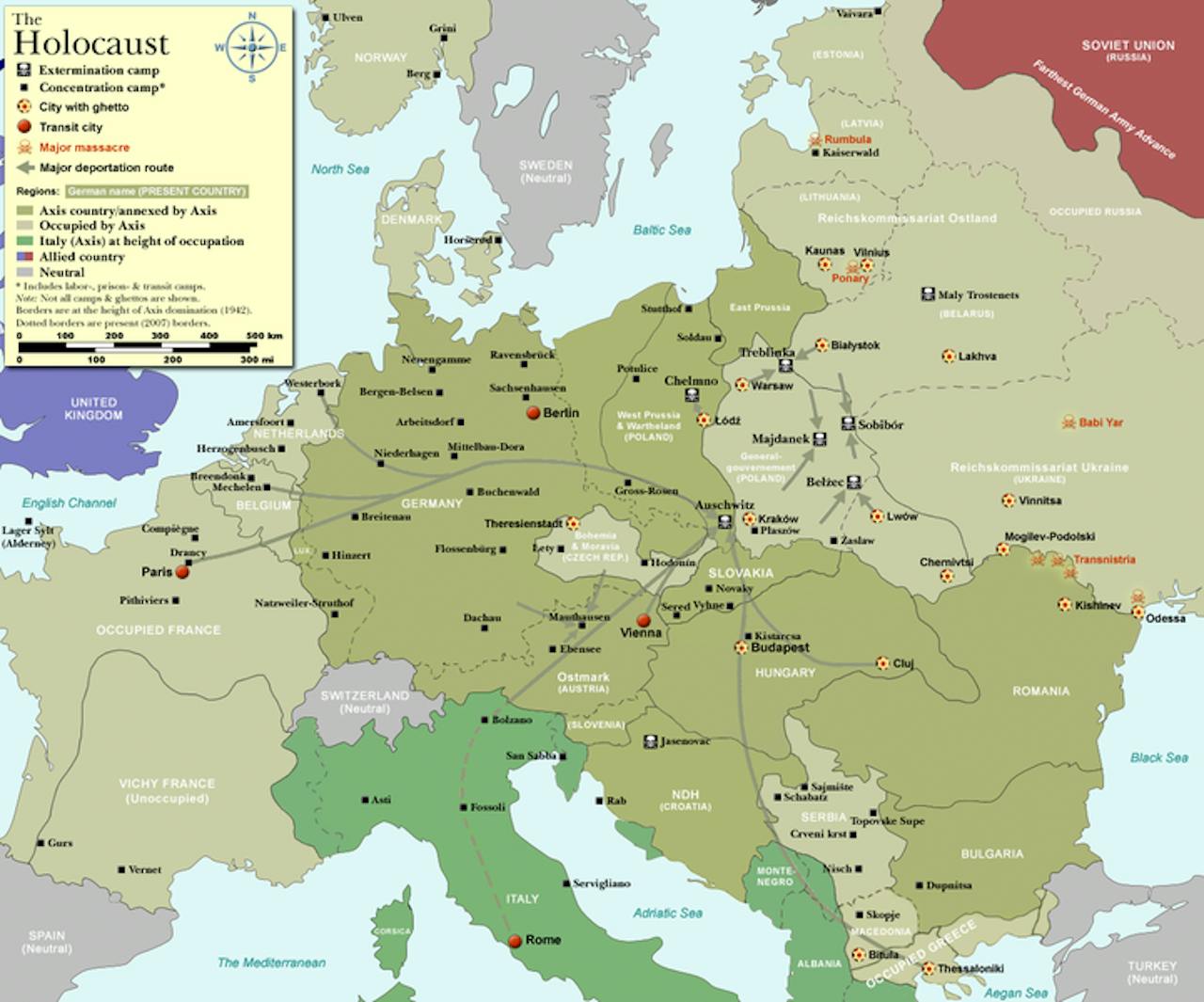 Een kaart met een weergave van de holocaust in Europa.