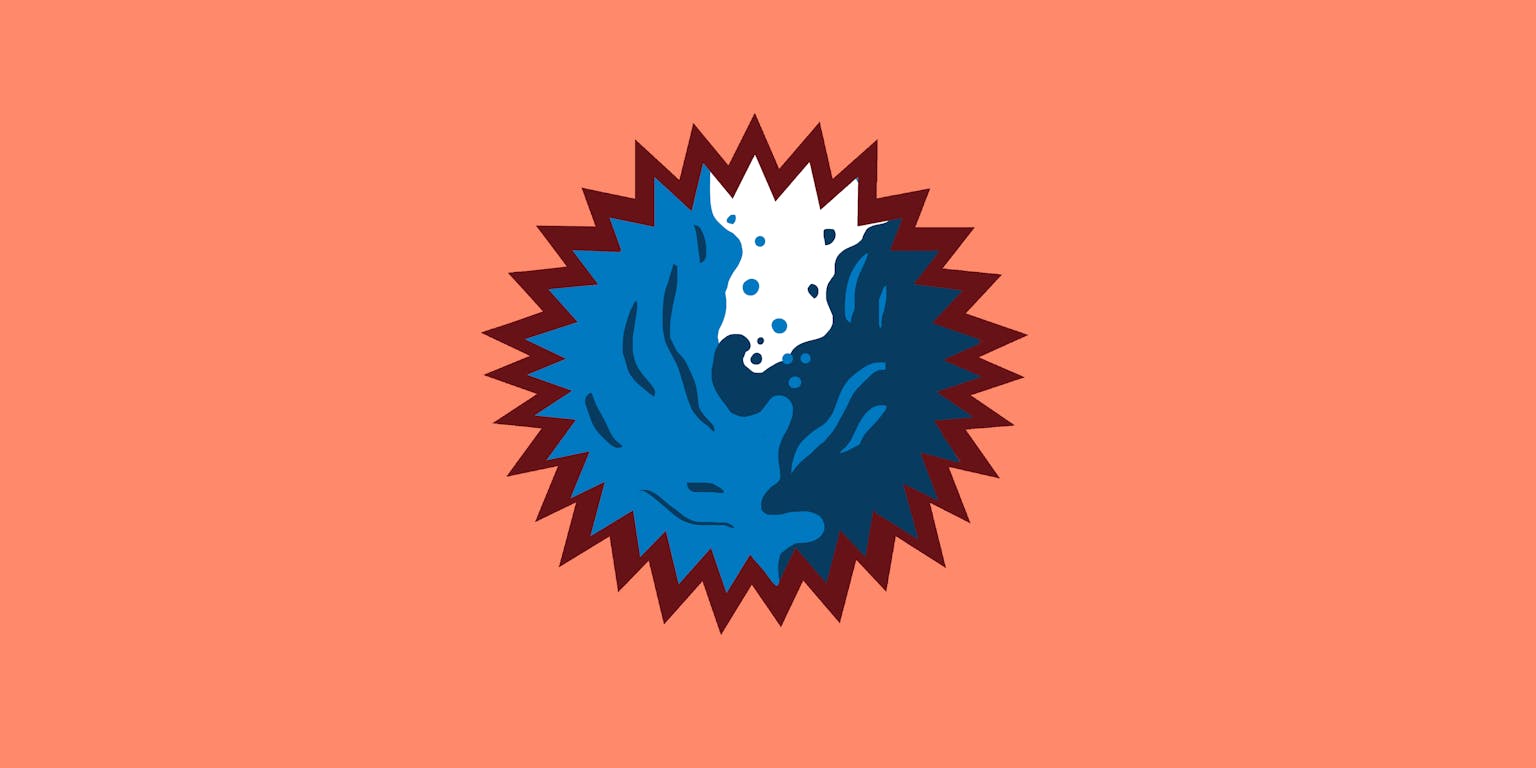 Een stervormig logo met daarin een illustratie van verschillende kleuren water die samenkomen.