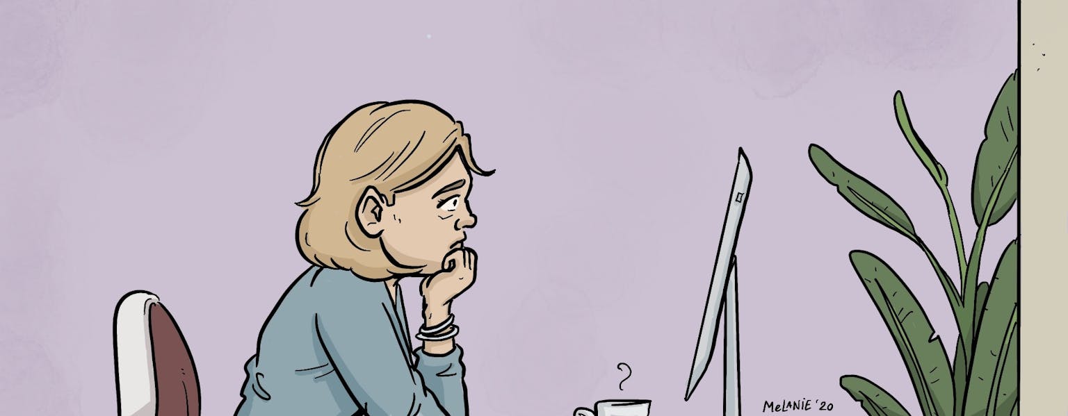 Een cartoon van een vrouw die aan een bureau zit en naar een computer kijkt. De persoon kijkt bedroefd.