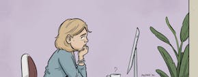 Een cartoon van een vrouw die aan een bureau zit en naar een computer kijkt. De persoon kijkt bedroefd.