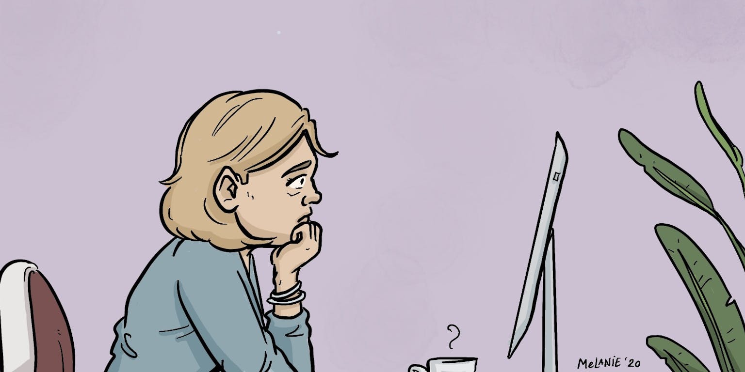 Een cartoon van een vrouw die aan een bureau zit en naar een computer kijkt. De persoon kijkt bedroefd.