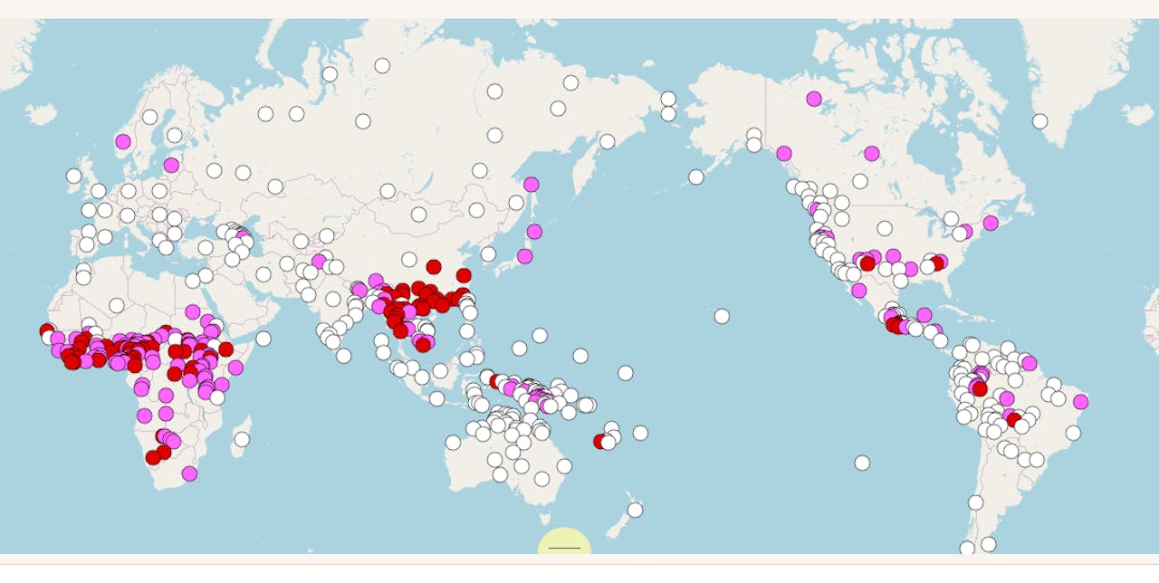 Wereldkaart waarop de locaties van toontalen met rode en roze bolletjes zijn weergegeven. Vooral veel bolletjes in West-Afrika en Zuid-Oost-Azië