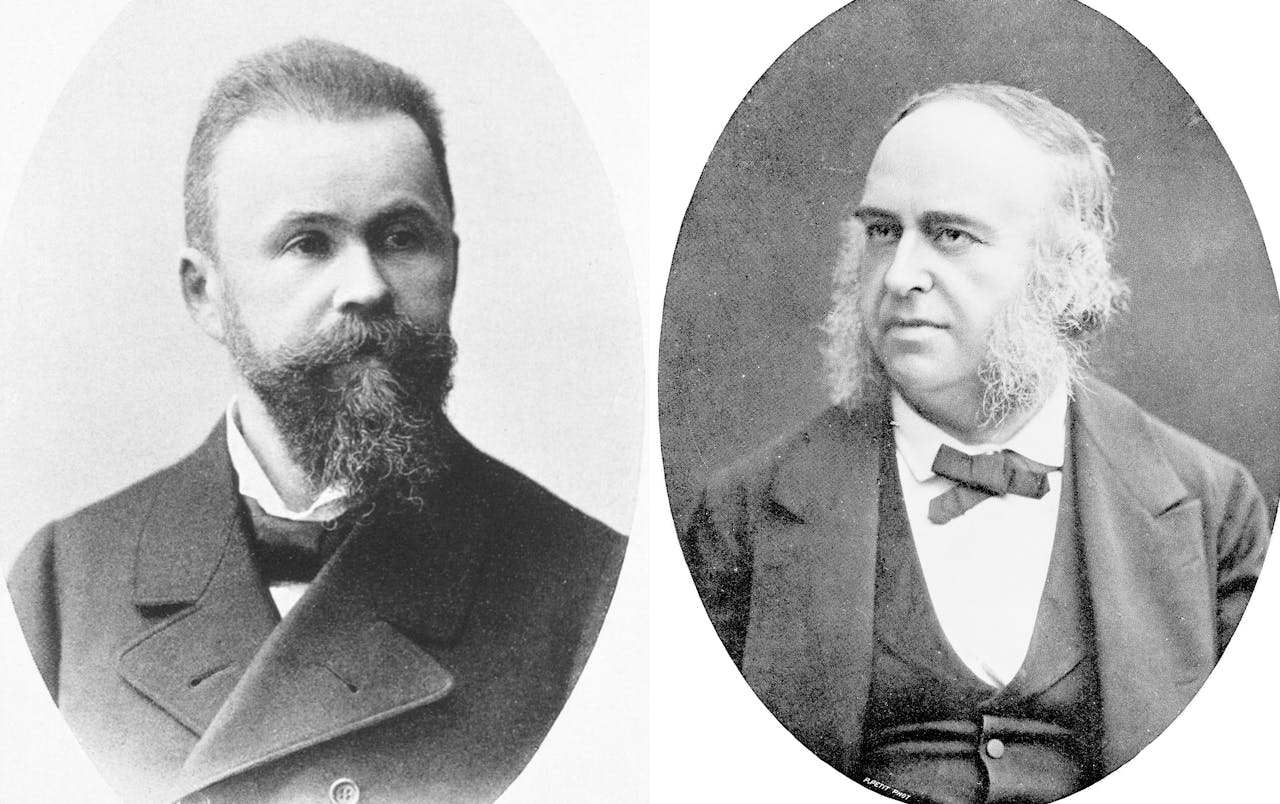 Foto van Carl Wernicke (links) en Paul Pierre Broca (rechts). Beiden hebben in de 19e eeuw belangrijk onderzoek gedaan naar hersenen en spraak.