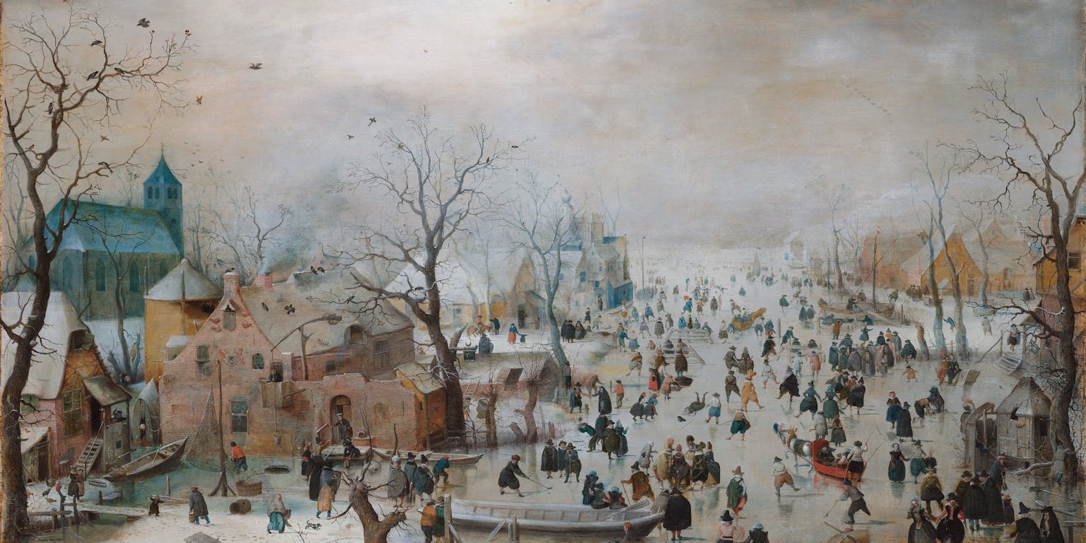 Een schilderij van Hendrick Avercamp van mensen die schaatsen op het ijs in de winter.