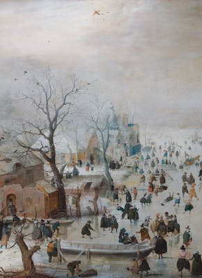 Een schilderij van Hendrick Avercamp van mensen die schaatsen op het ijs in de winter.