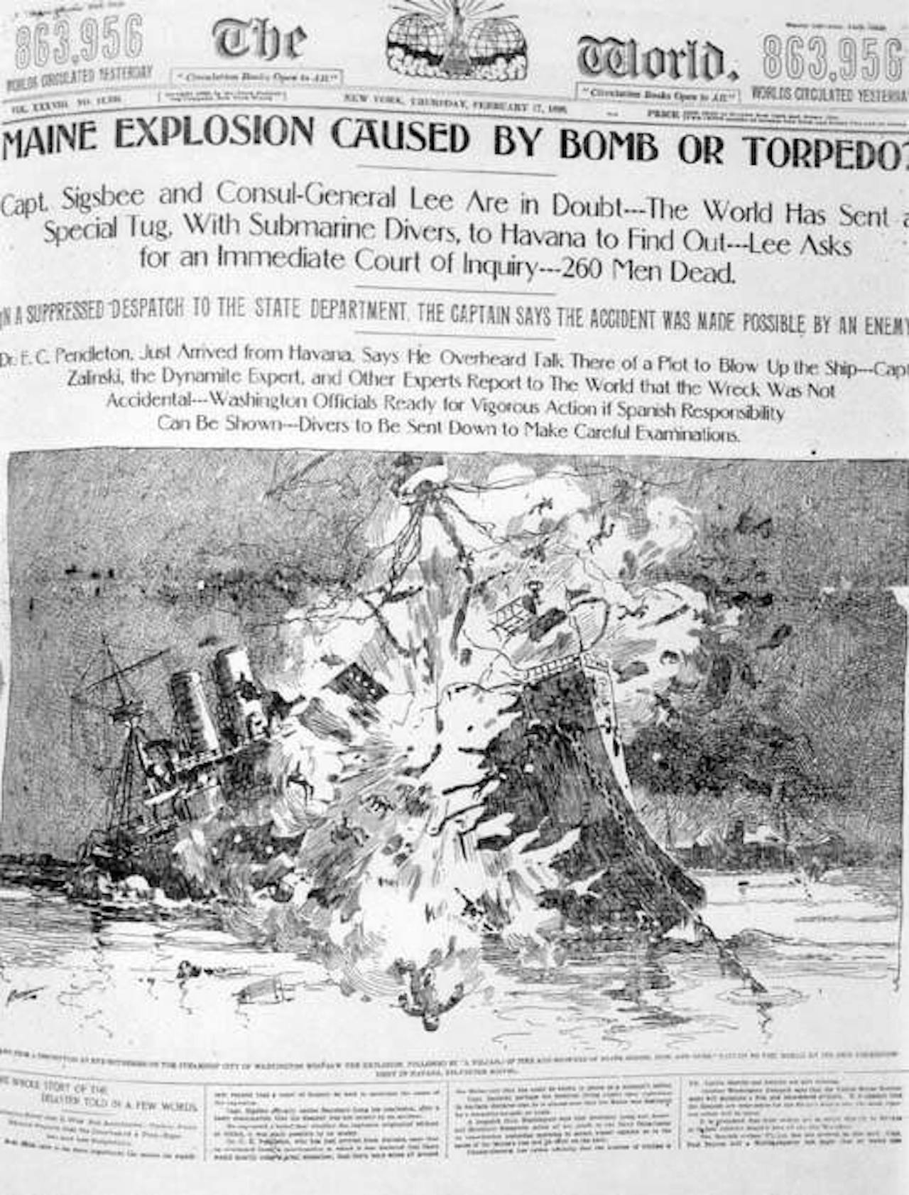 Een krantenartikel uit de Pulitzer’s krant the New York World tijdens de Spaans-Amerikaanse oorlog (17 februari 1898).