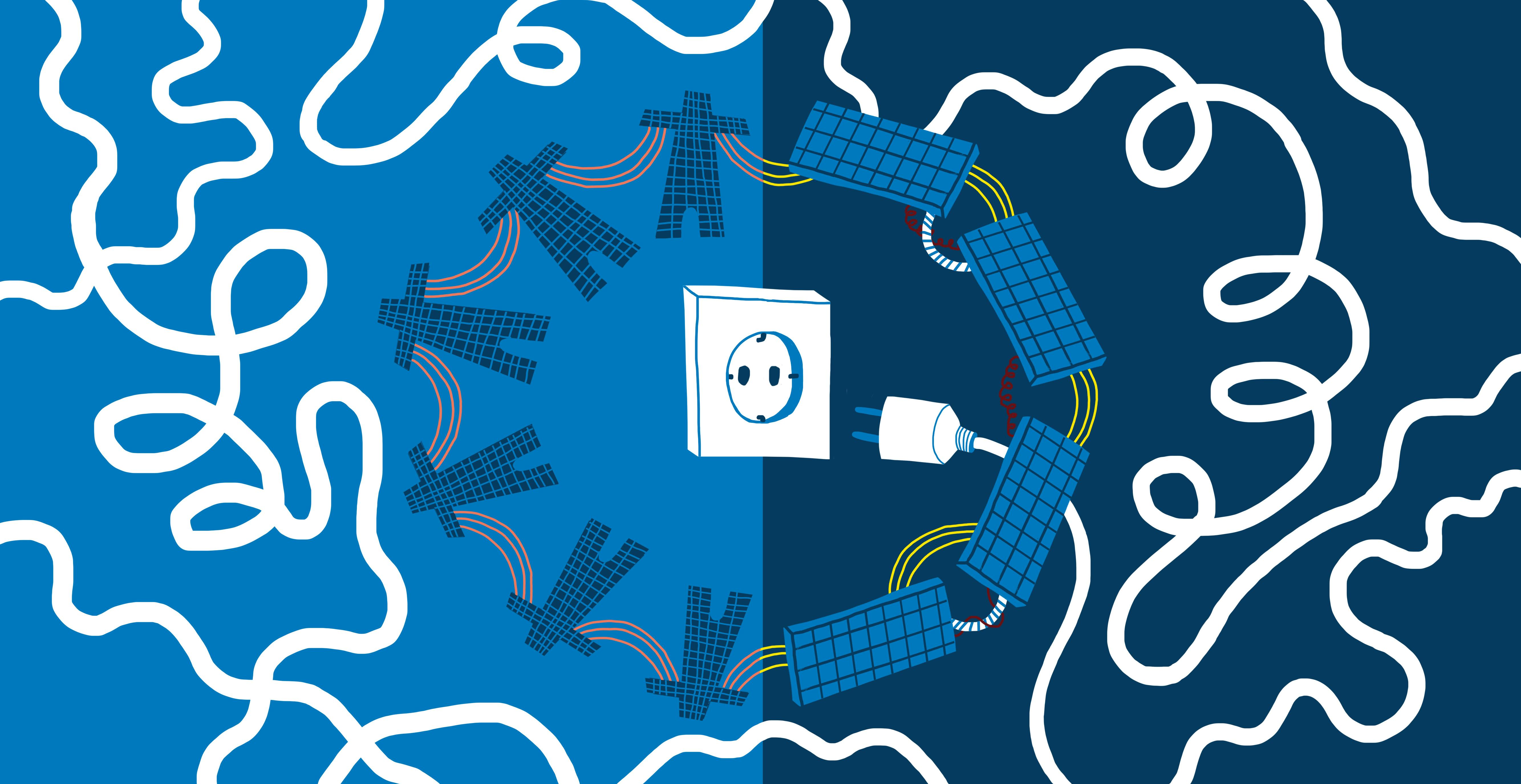 Een illustratie van een stopcontact, omringd door een cirkel van mensen en zonnepanelen op een blauwe achtergrond.