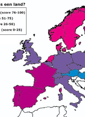Een kaart van Europa met het percentage mannelijkheid per land.