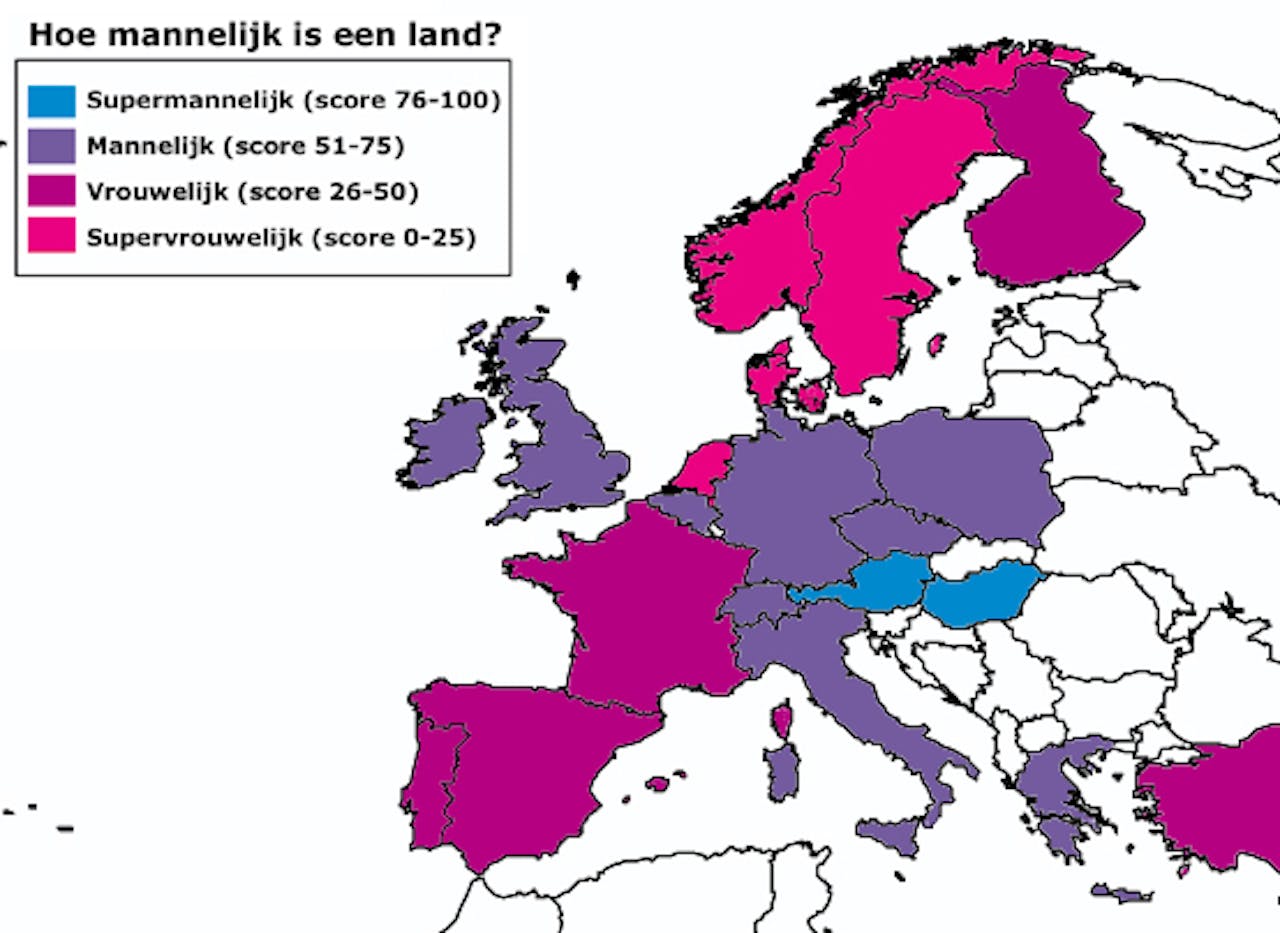 Een kaart van Europa met het percentage mannelijkheid per land.